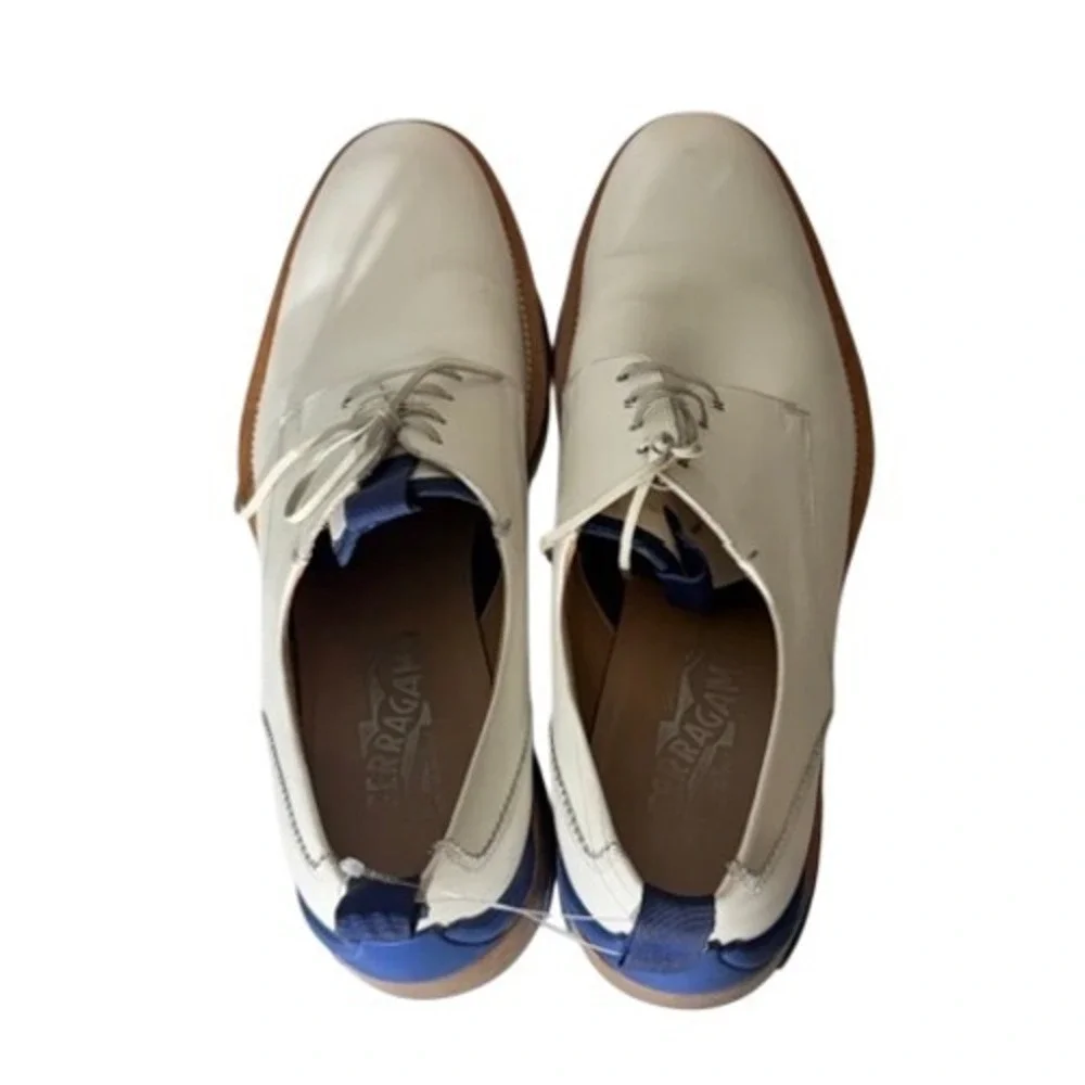 Salvatore Ferragamo Mens White Leather Blue Accent Derby Shoes UG84723 Size 10.5